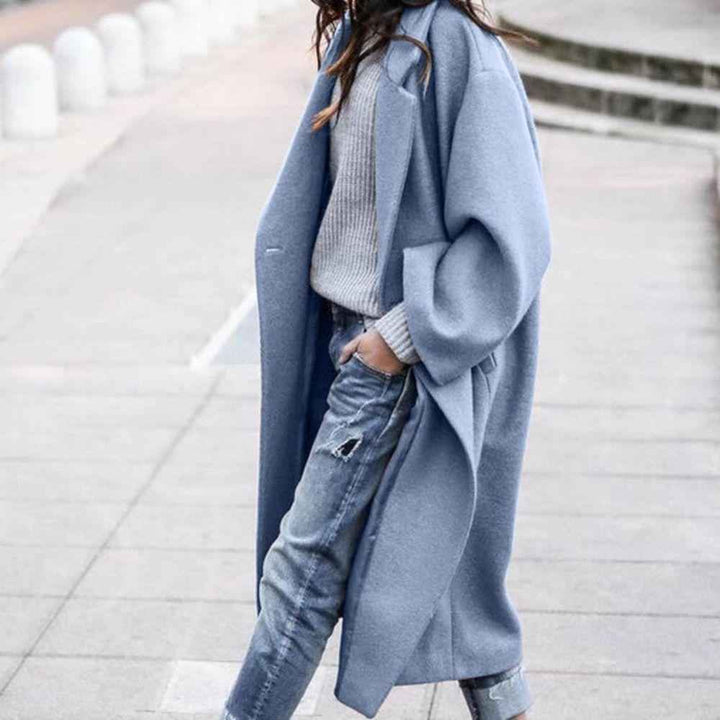 Women's Oversized Wool Blend Long Coat – Open Front Casual Style Blue