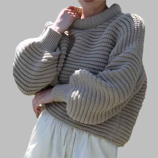 Women's Wool Oversized Ribbed High Collar Sweater Winter Brown