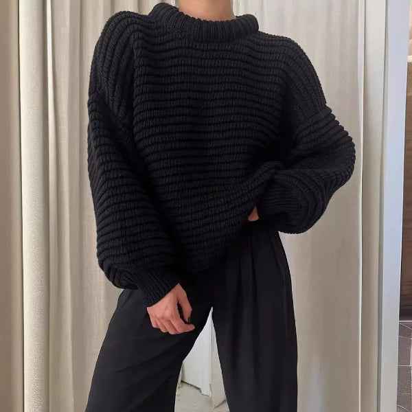 Women's Oversized Wool Blend Sweater – High Collar & Ribbed Casual Style Black