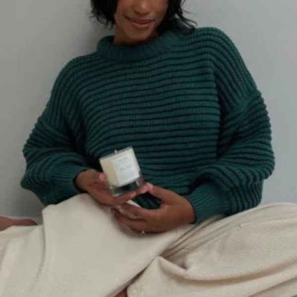 Women's Oversized Wool Blend Sweater – High Collar & Ribbed Casual Style Green