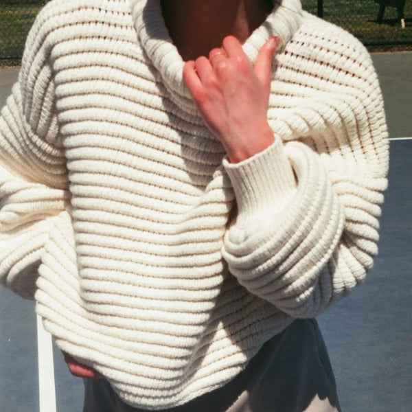 Women's Oversized Wool Blend Sweater – High Collar & Ribbed Casual Style