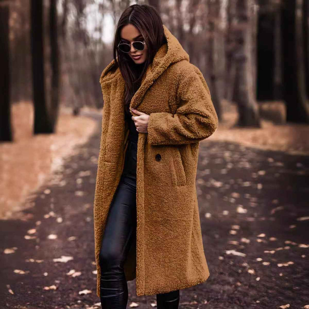 Women's Oversized Wool Coat - Full Length with Hood and Buttons Yellowish Brown