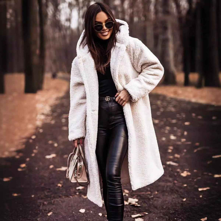 Women's Oversized Wool Coat - Full Length with Hood and Buttons Off-White