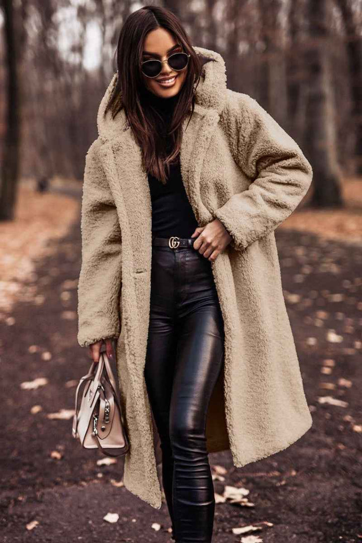 Women's Oversized Wool Coat - Full Length with Hood and Buttons Khaki