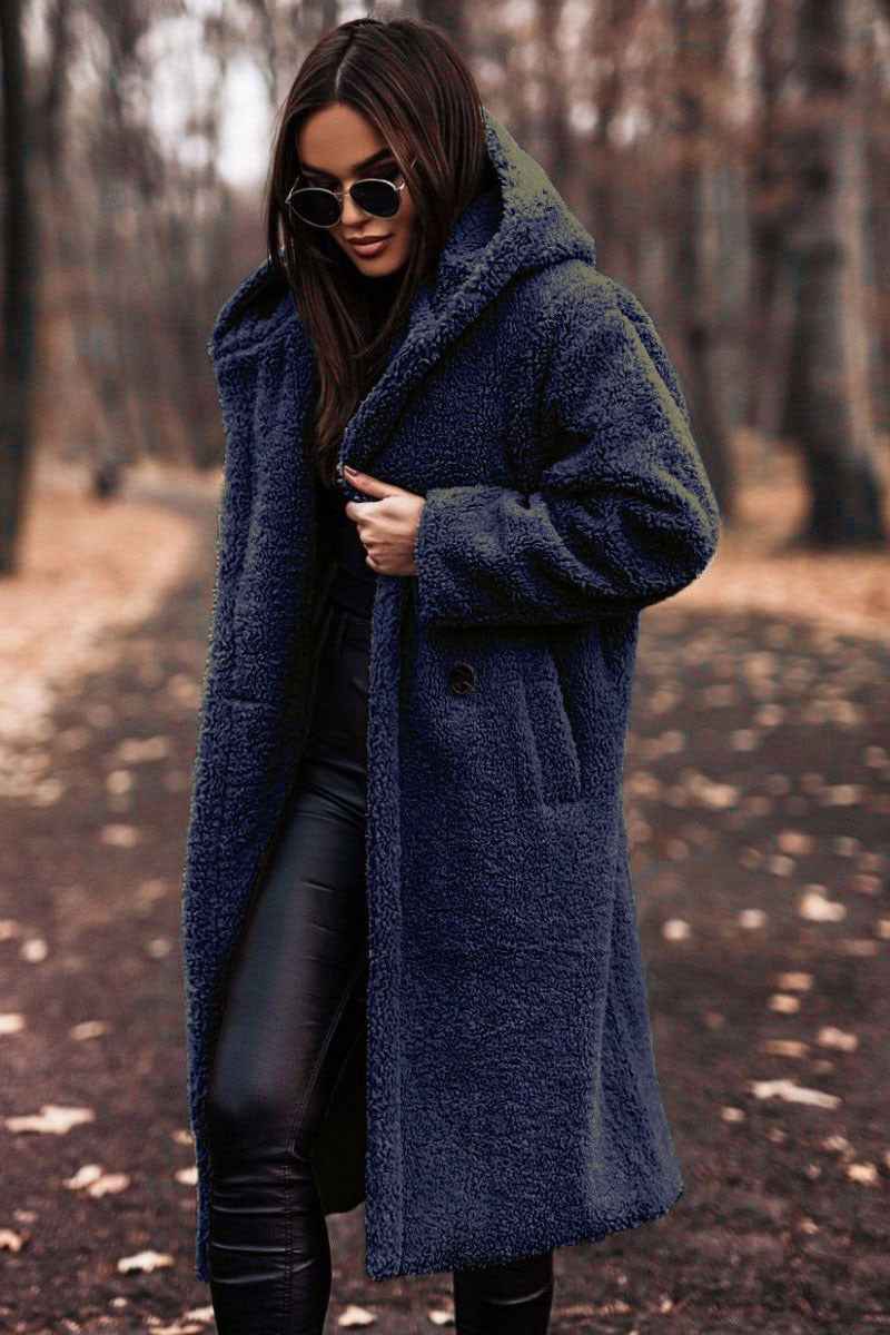 Women's Oversized Wool Coat - Full Length with Hood and Buttons Dark Blue