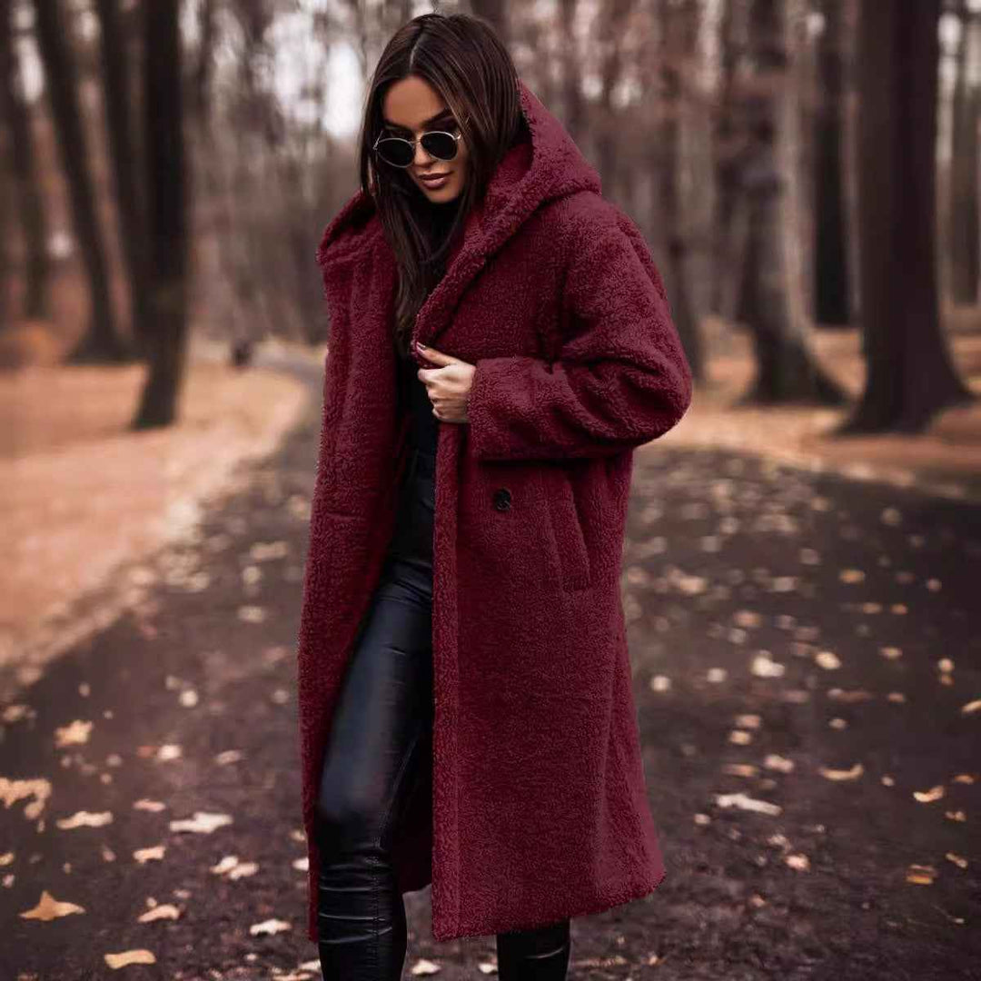 Women's Oversized Wool Coat - Full Length with Hood and Buttons Claret