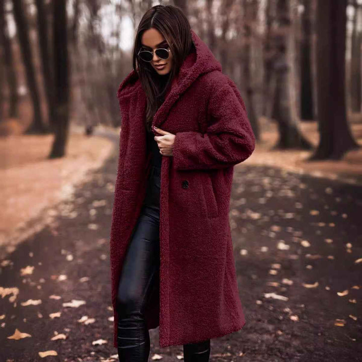 Women's Oversized Wool Coat - Full Length with Hood and Buttons Claret