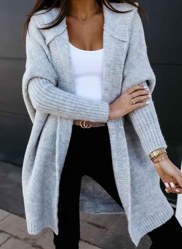 Women's Oversized Wool Knit Cardigan with Hood – Long Sleeve Open Front Grey
