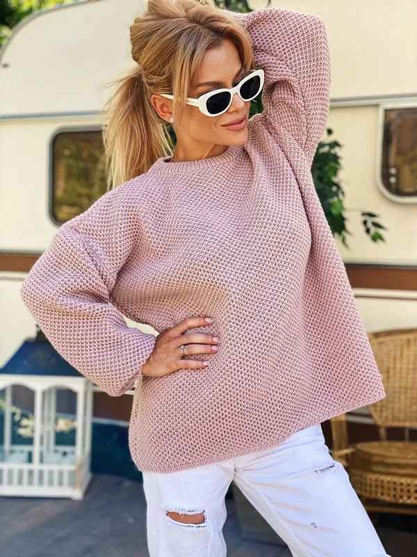 Women's Oversized Wool Knit Sweater - Round Neck, Long Sleeves Pink