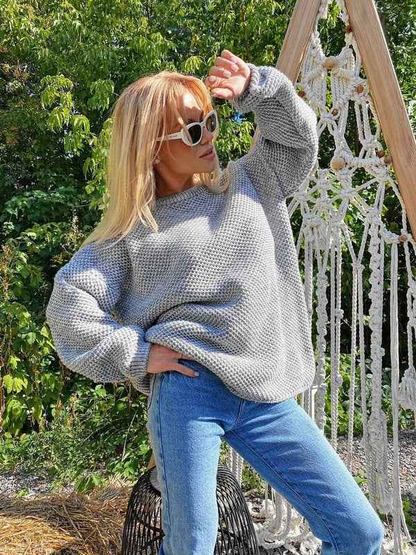 Women's Oversized Wool Knit Sweater - Round Neck, Long Sleeves Grey