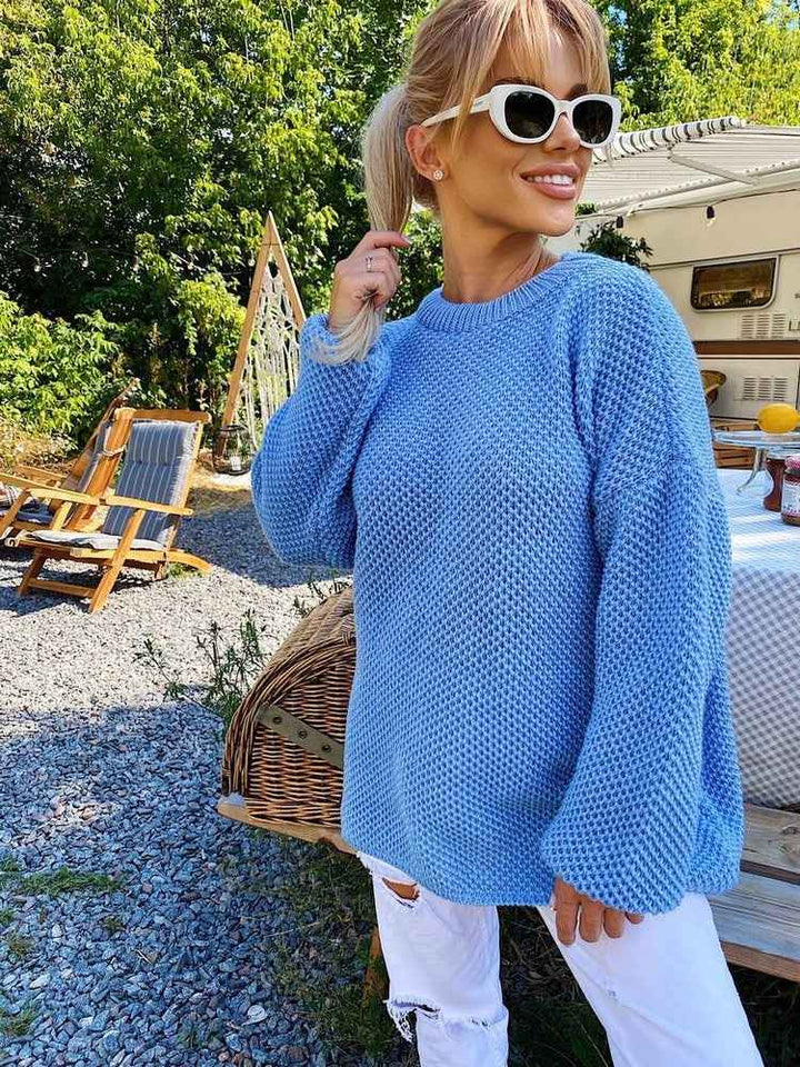 Women's Oversized Wool Knit Sweater - Round Neck, Long Sleeves Blue