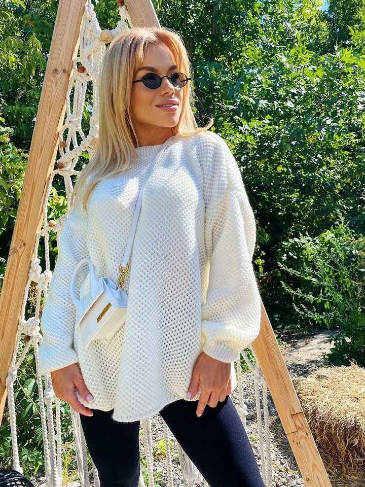 Women's Oversized Wool Knit Sweater - Round Neck, Long Sleeves White