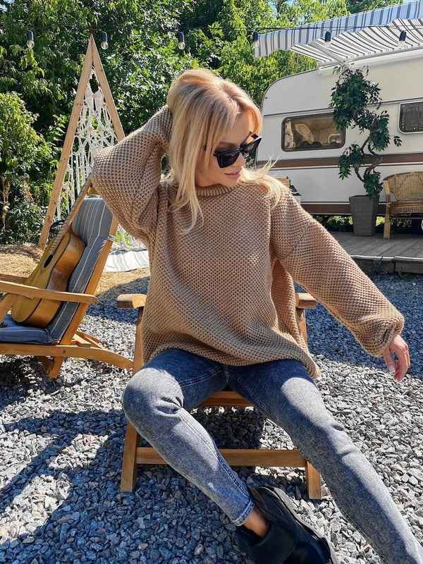 Women's Oversized Wool Knit Sweater - Round Neck, Long Sleeves Brown