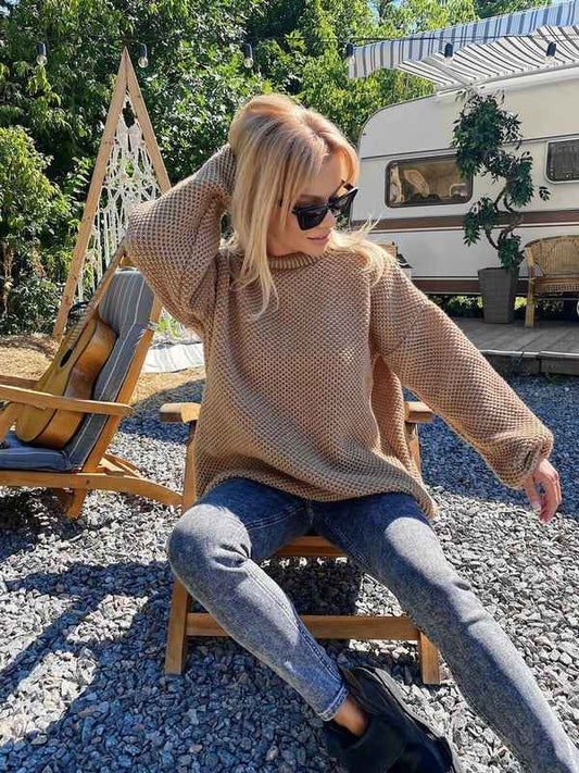 Women's Blue Oversized Wool Knit Round Neck Long Sleeve Sweater Brown