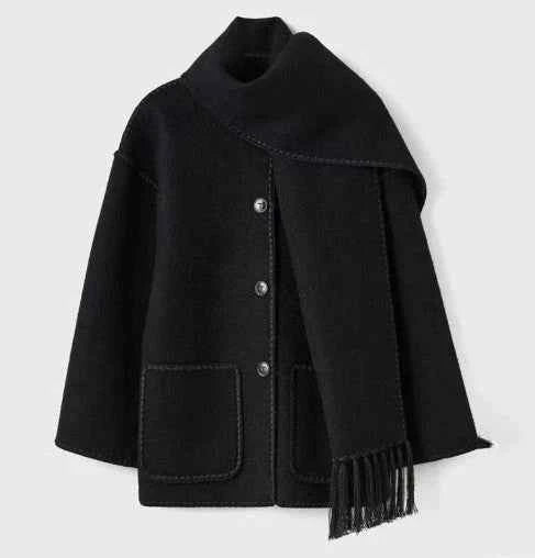 Women's Oversized Wool Mix Poncho Coat - High Collar - 3/4 Sleeve Black