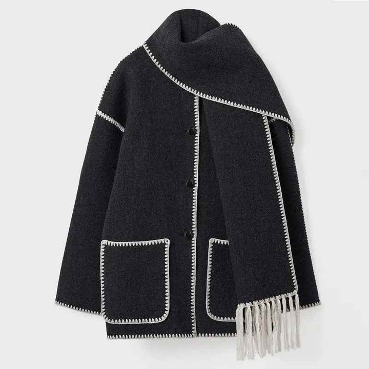Women's Oversized Wool Mix Poncho Coat - High Collar - 3/4 Sleeve