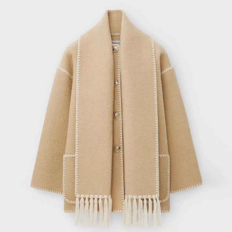 Women's Oversized Wool Mix Poncho Coat - High Collar - 3/4 Sleeve