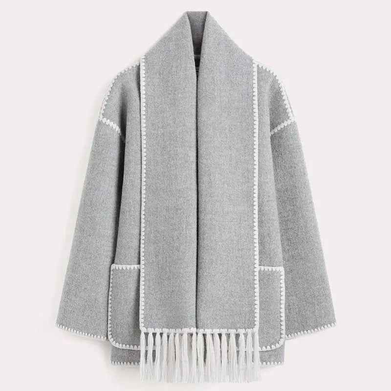 Women's Oversized Wool Mix Poncho Coat - High Collar - 3/4 Sleeve