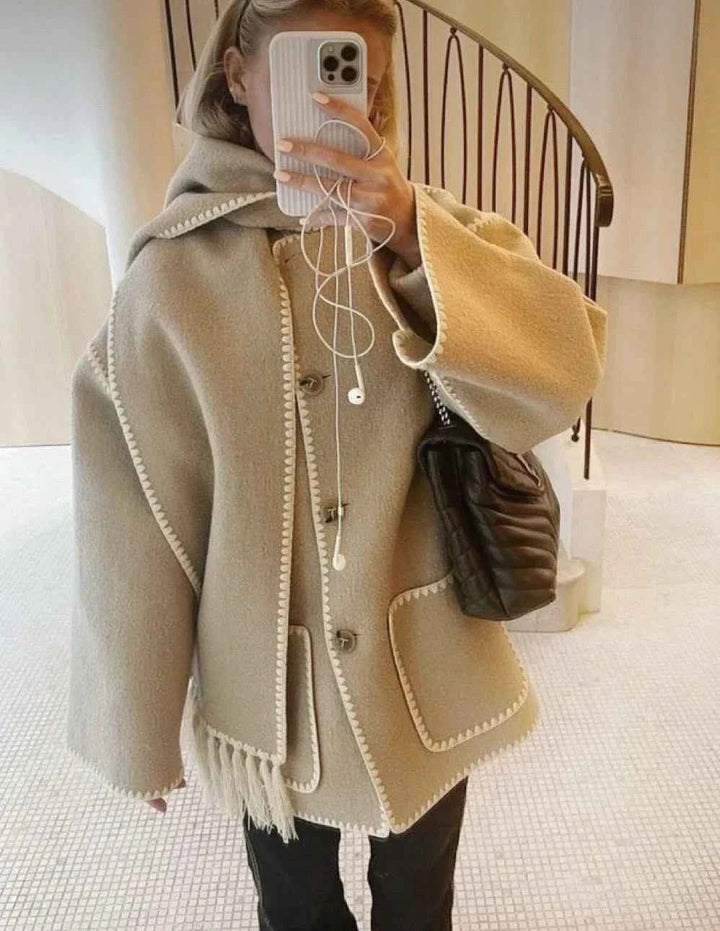 Women's Oversized Wool Mix Poncho Coat - High Collar - 3/4 Sleeve