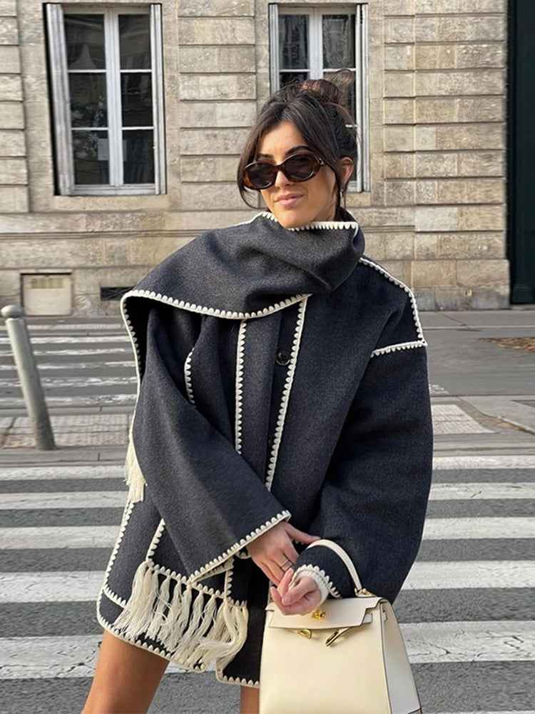 Women's Oversized Wool Mix Poncho Coat - High Collar - 3/4 Sleeve