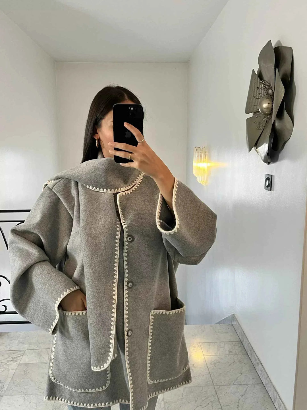 Women's Oversized Wool Mix Poncho Coat - High Collar - 3/4 Sleeve Grey