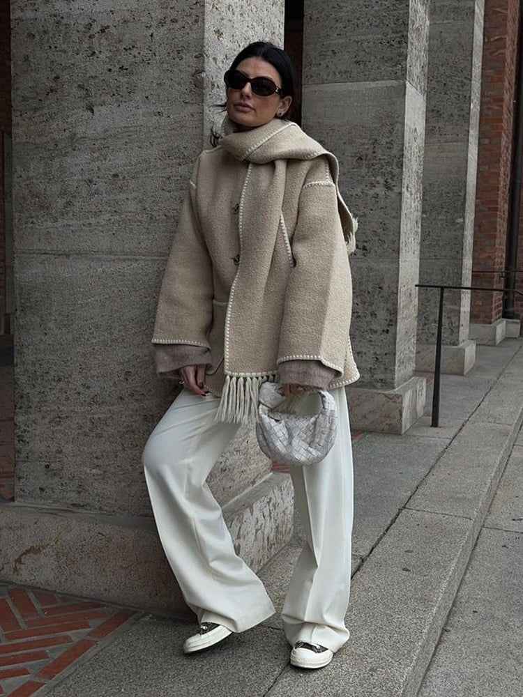 Women's Oversized Wool Mix Poncho Coat - High Collar - 3/4 Sleeve