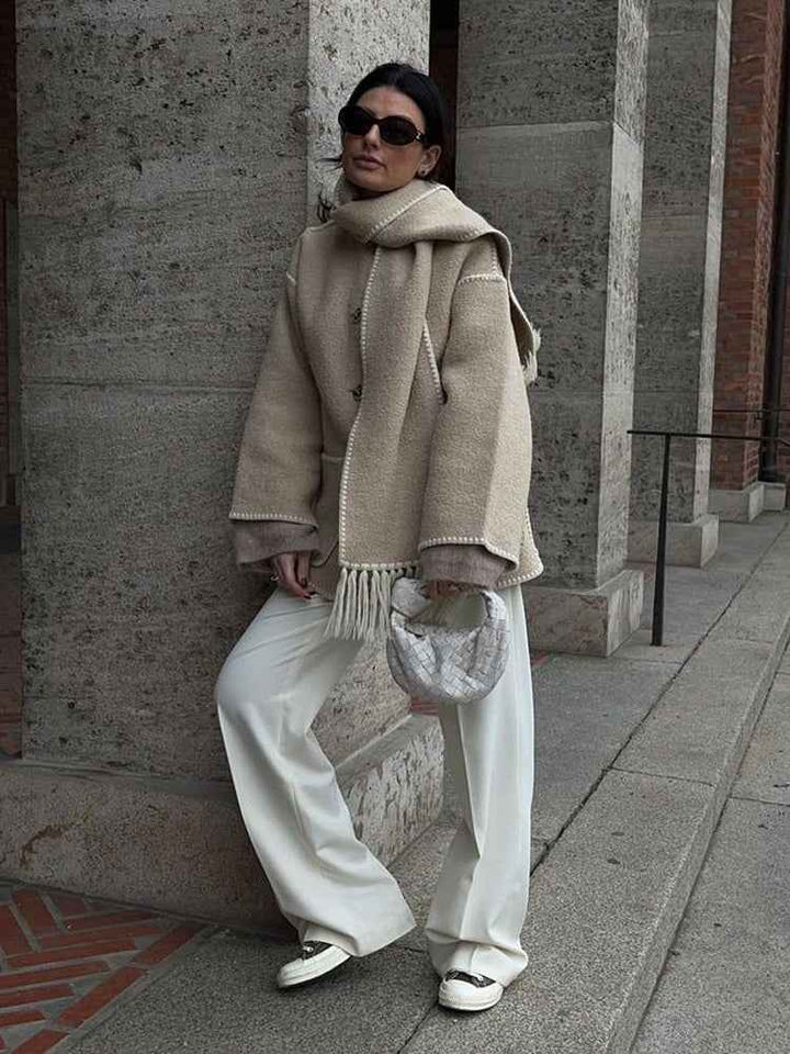 Women's Oversized Wool Mix Poncho Coat - High Collar - 3/4 Sleeve