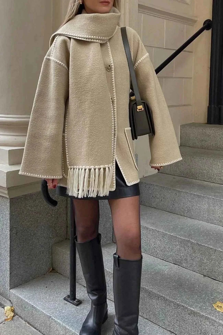 Women's Oversized Wool Mix Poncho Coat - High Collar - 3/4 Sleeve Beige