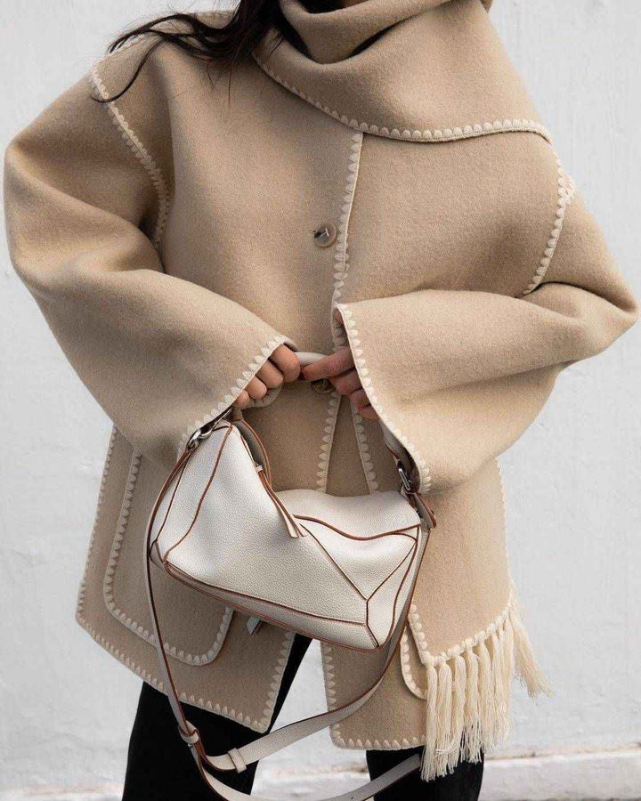 Women's Oversized Wool Mix Poncho Coat - High Collar - 3/4 Sleeve