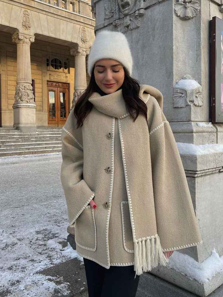 Women's Oversized Wool Mix Poncho Coat - High Collar - 3/4 Sleeve