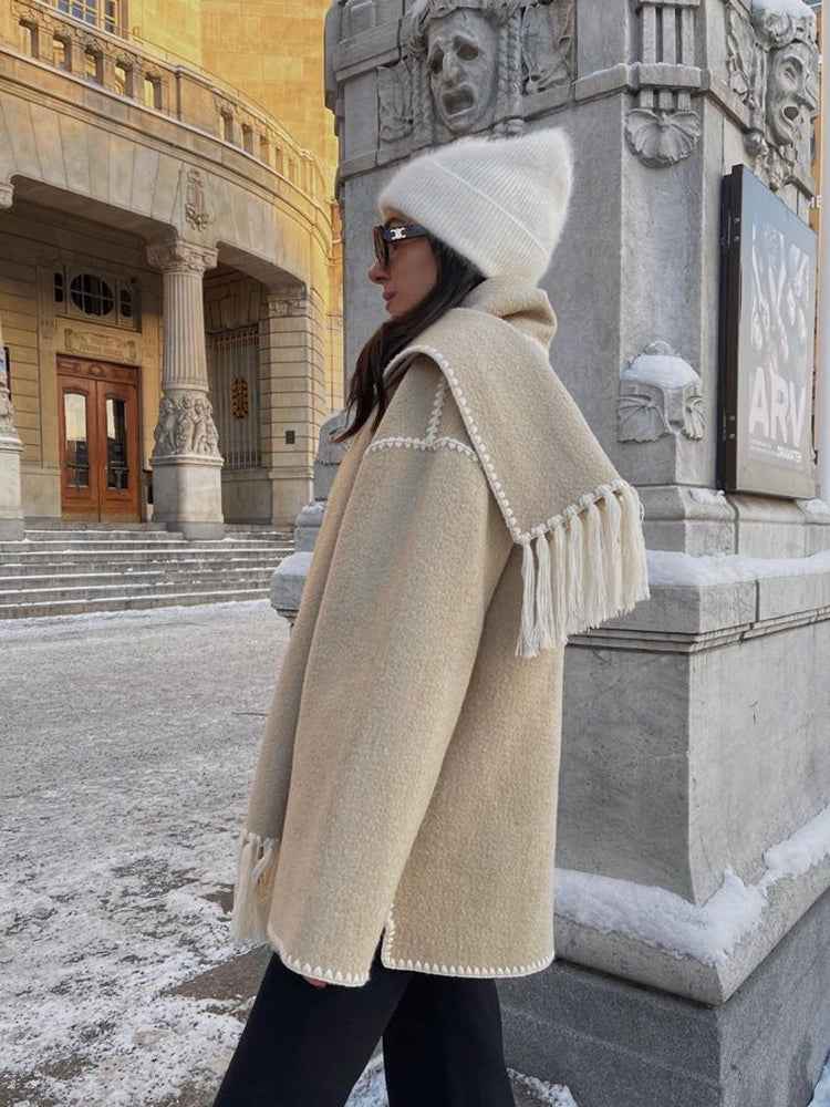 Women's Oversized Wool Mix Poncho Coat - High Collar - 3/4 Sleeve