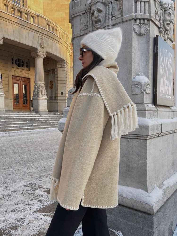 Women's Oversized Wool Mix Poncho Coat - High Collar - 3/4 Sleeve