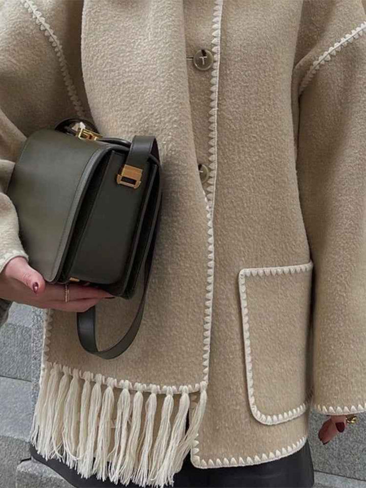Women's Oversized Wool Mix Poncho Coat - High Collar - 3/4 Sleeve