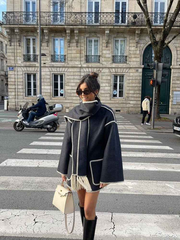 Women's Oversized Wool Mix Poncho Coat - High Collar - 3/4 Sleeve Black White