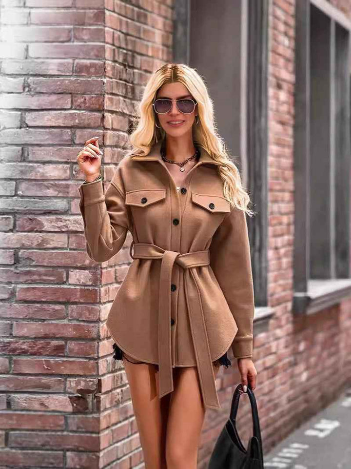 Women's Oversized Wool Short Coat with Notched Collar and Belted Button Closure