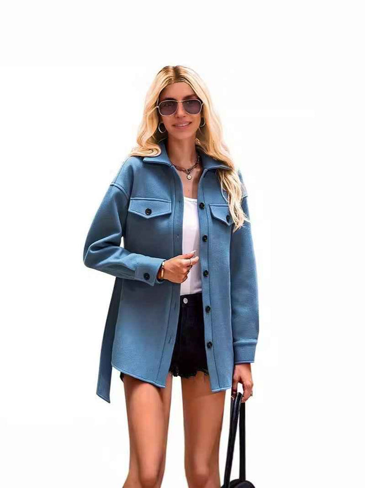 Women's Oversized Wool Short Coat with Notched Collar and Belted Button Closure Blue