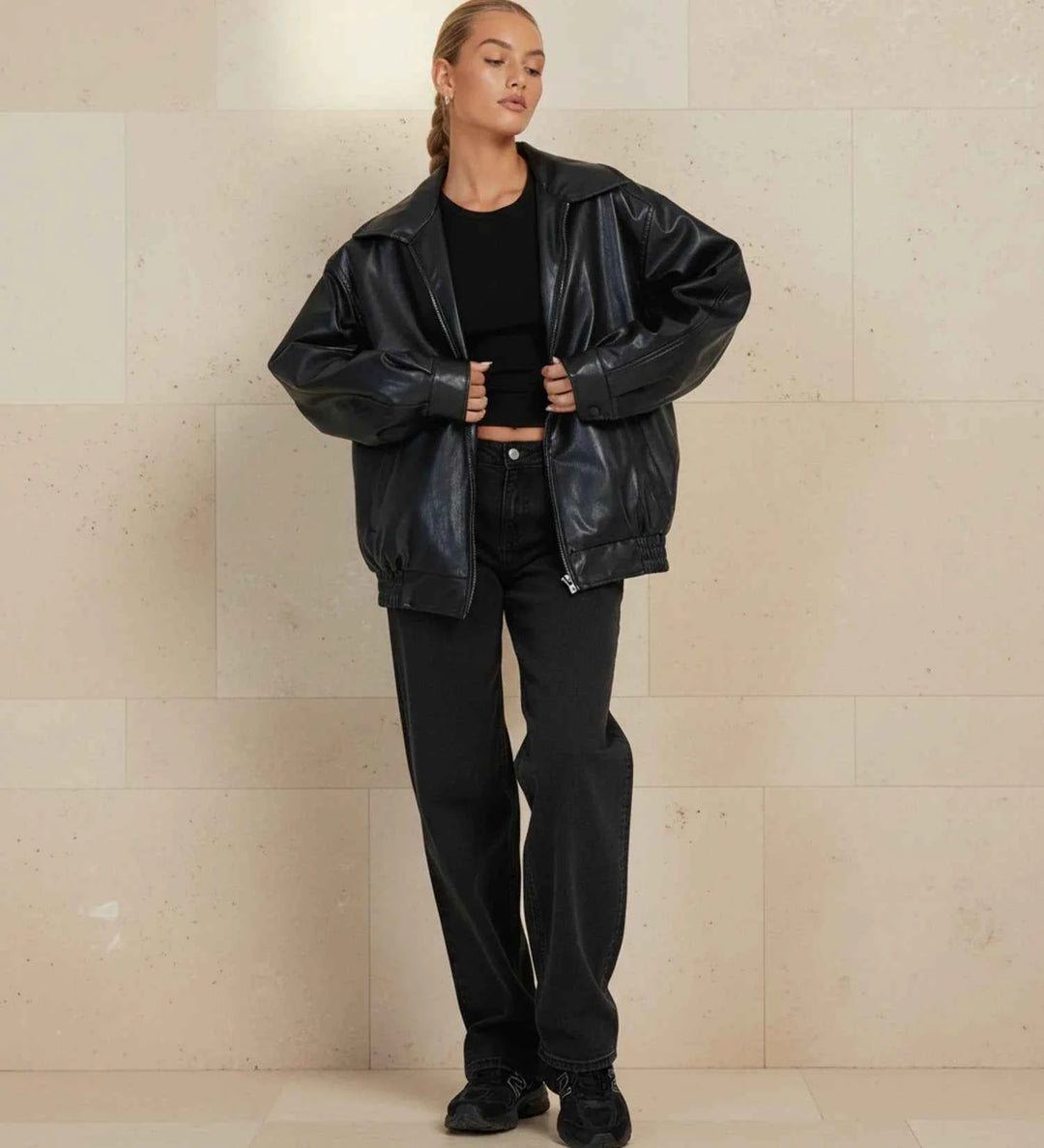 Women's Oversized Zip-Up Bomber Jacket Black