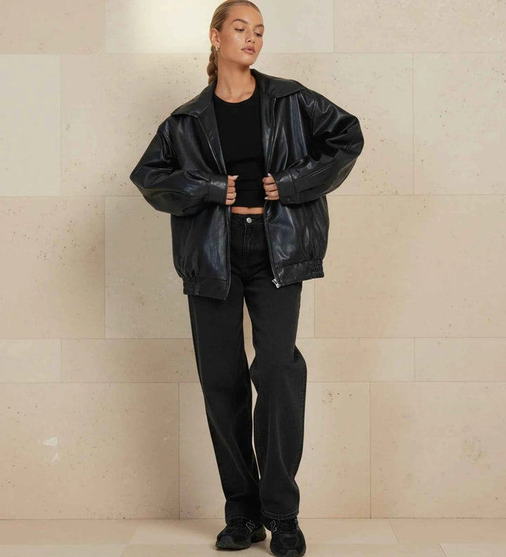 Women's Oversized Zip-Up Bomber Jacket Black