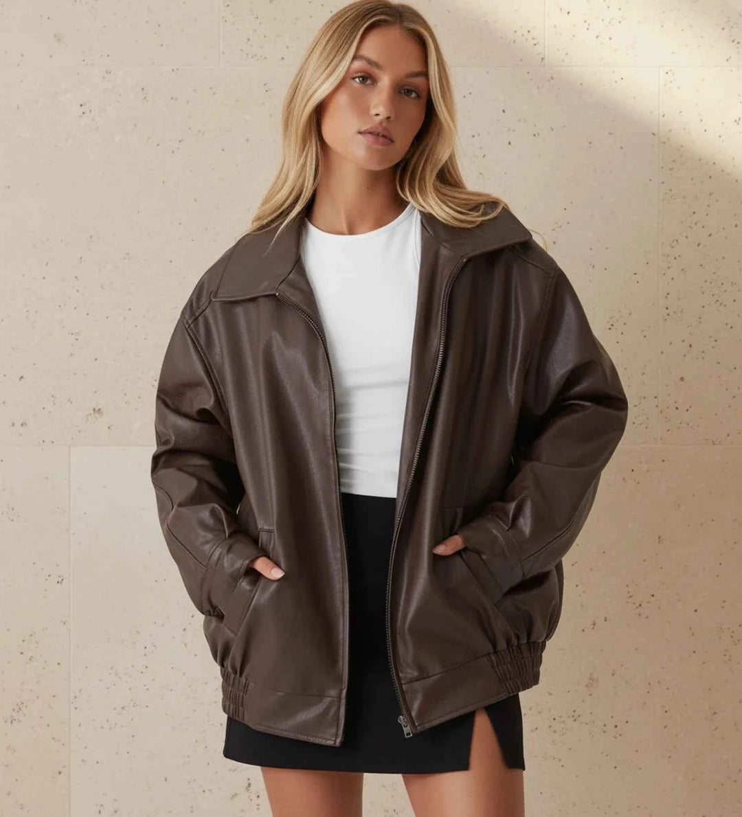 Women's Oversized Zip-Up Bomber Jacket Brown