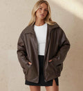 Women's Polyester Oversized Zip-up Jacket Winter Essential Brown