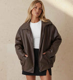 Women's Polyester Oversized Zip-up Jacket Winter Essential Brown