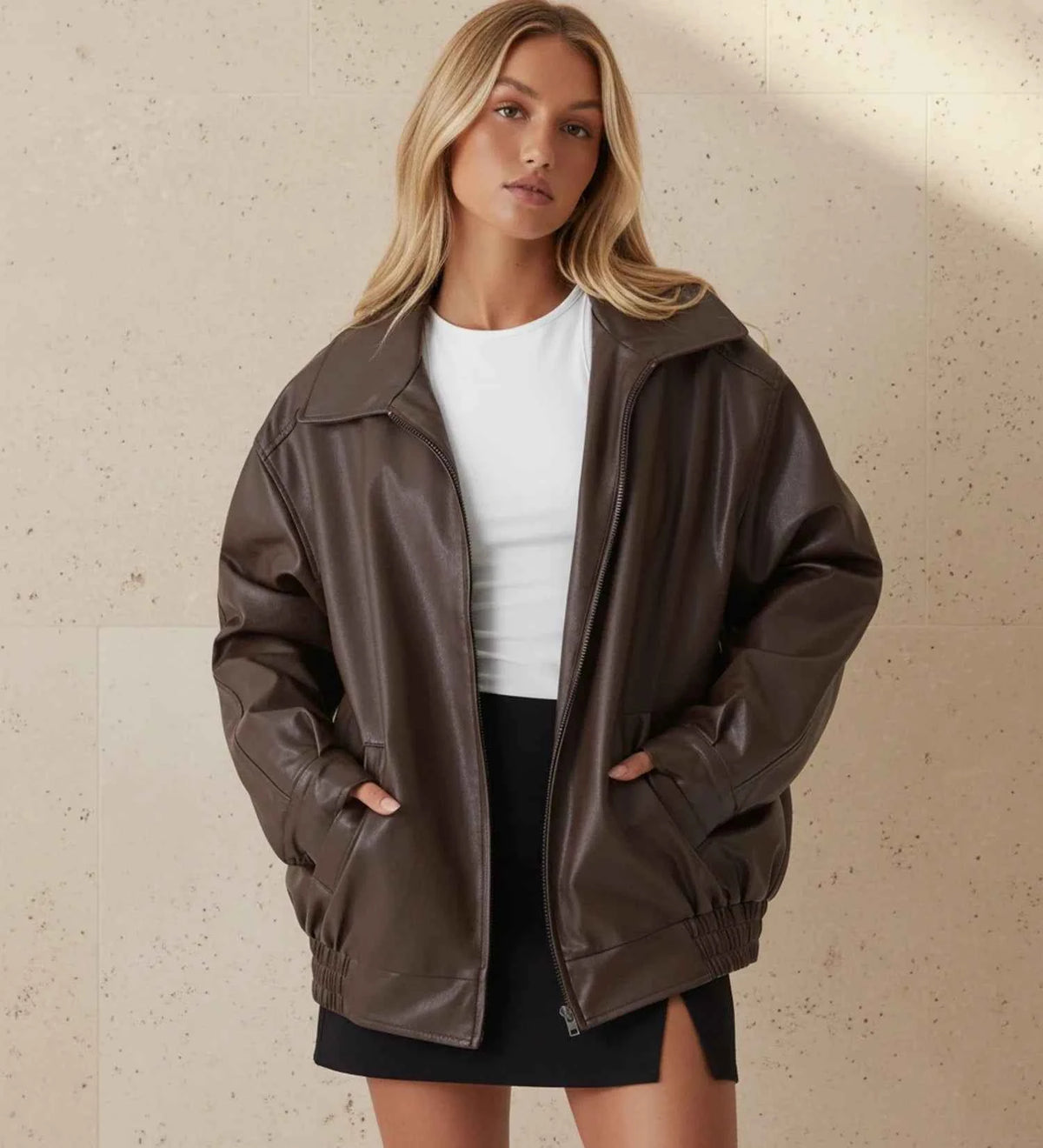 Women's Polyester Oversized Zip-up Jacket Winter Essential Brown