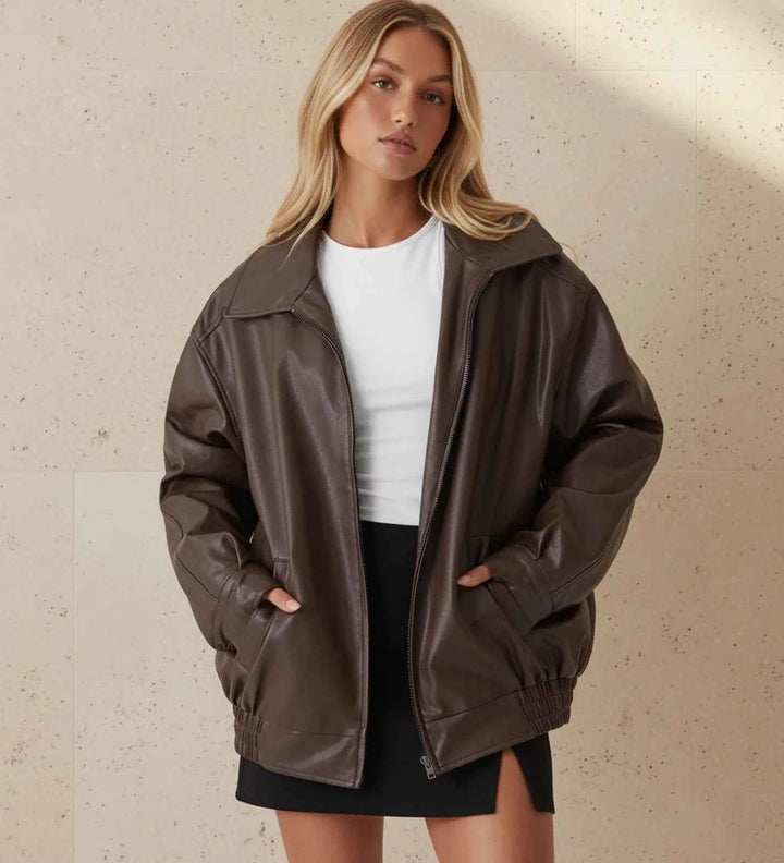 Women's Oversized Zip-Up Bomber Jacket Brown