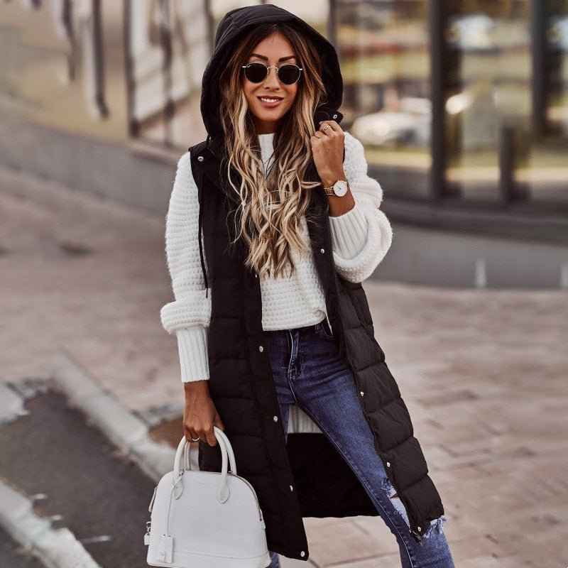 Women's Padded Knee-Length Bodywarmer Hoodie - Relaxed Fit, Easy to Layer Black