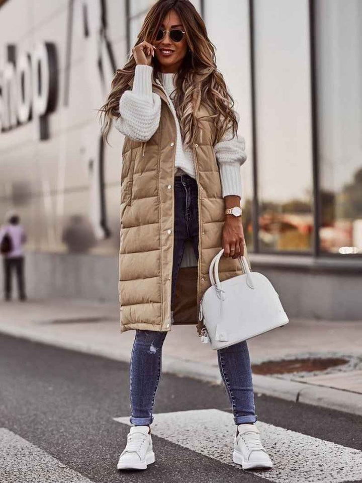 Women's Padded Knee-Length Bodywarmer Hoodie - Relaxed Fit, Easy to Layer Beige