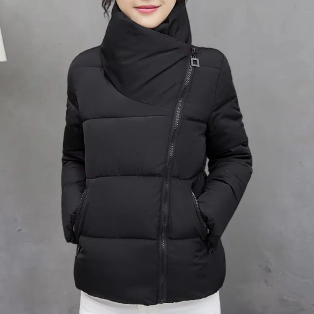 Women's Padded Quilted Jacket – Regular Fit – Asymmetrical Zipper – High Collar Black