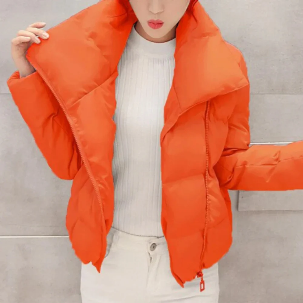 Women's Padded Quilted Jacket – Regular Fit – Asymmetrical Zipper – High Collar Orange