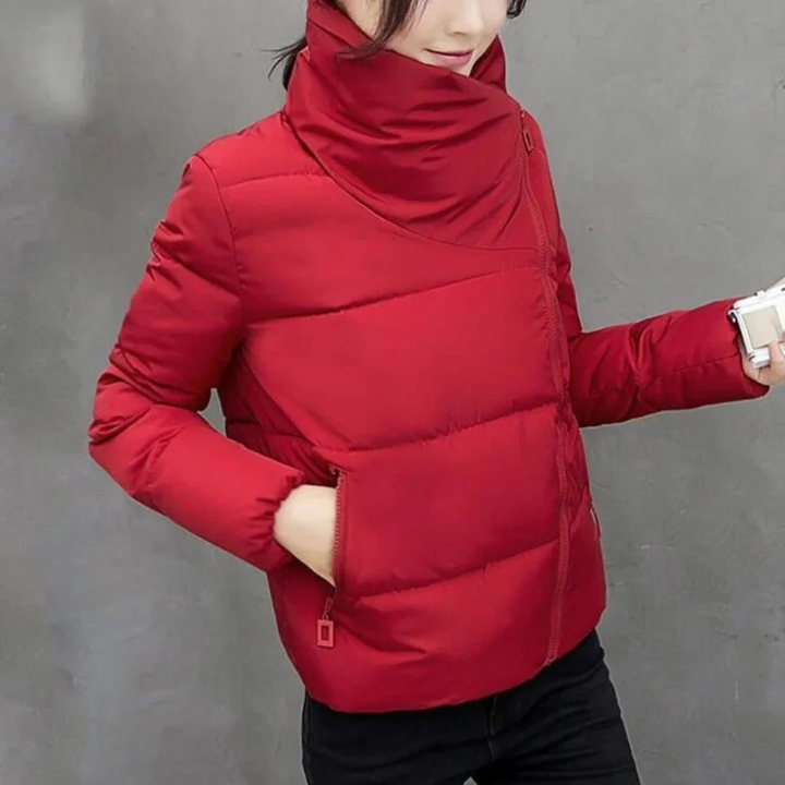 Women's Padded Quilted Jacket – Regular Fit – Asymmetrical Zipper – High Collar Red