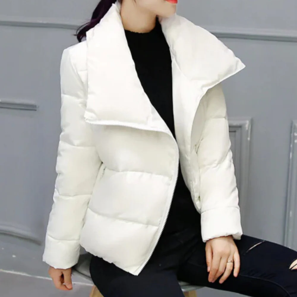 Women's Padded Quilted Jacket – Regular Fit – Asymmetrical Zipper – High Collar White