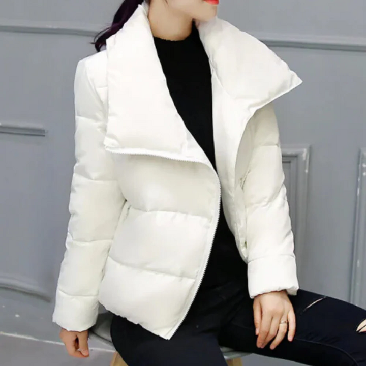 Women's Padded Quilted Jacket – Regular Fit – Asymmetrical Zipper – High Collar White